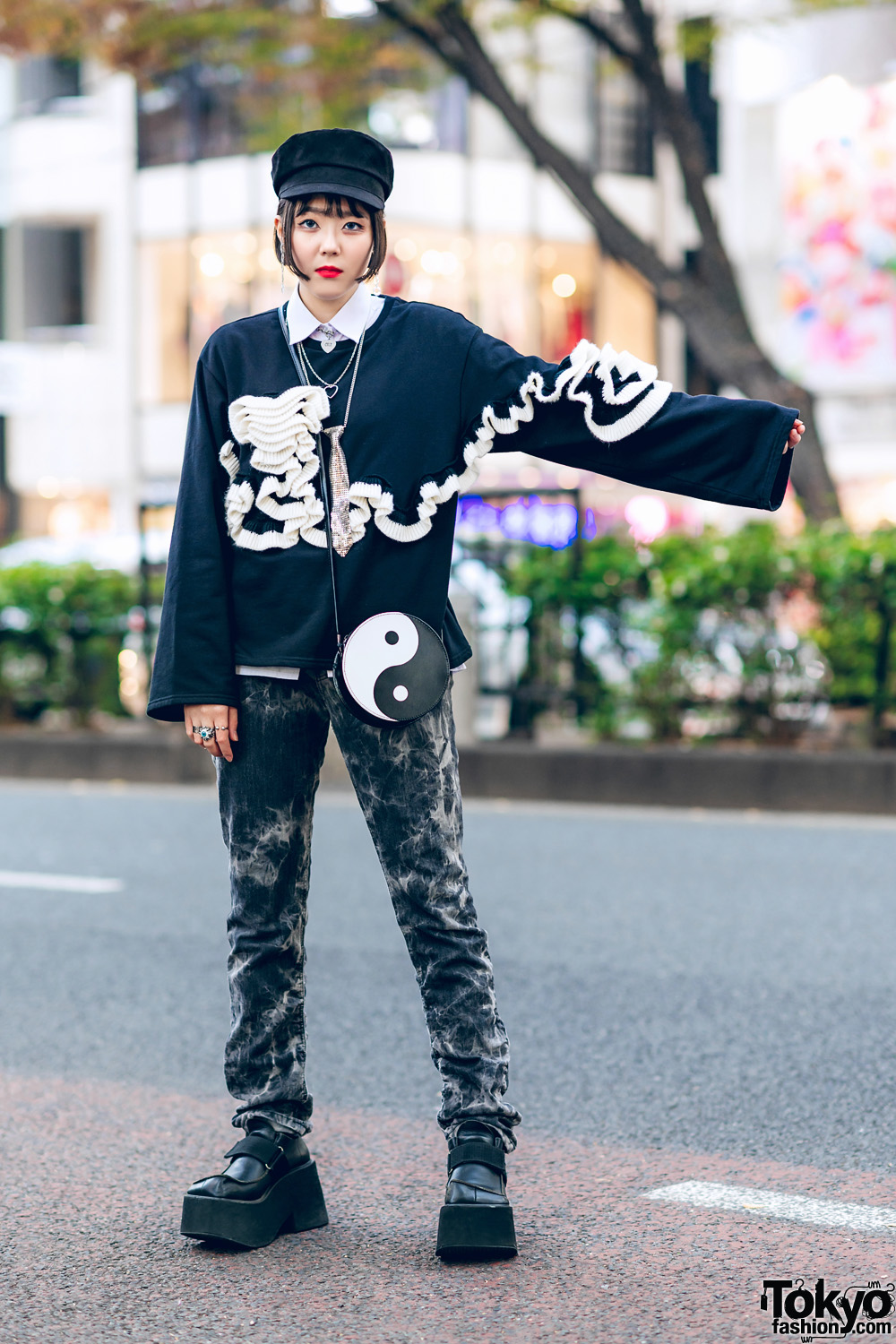 Monochrome Streetwear Style in Harajuku w/ Zara Ruffle Sweater, Vintage Tie Dye Pants, Yin-Yang Bag, Prego Platform Shoes & Faith Tokyo Jewelry