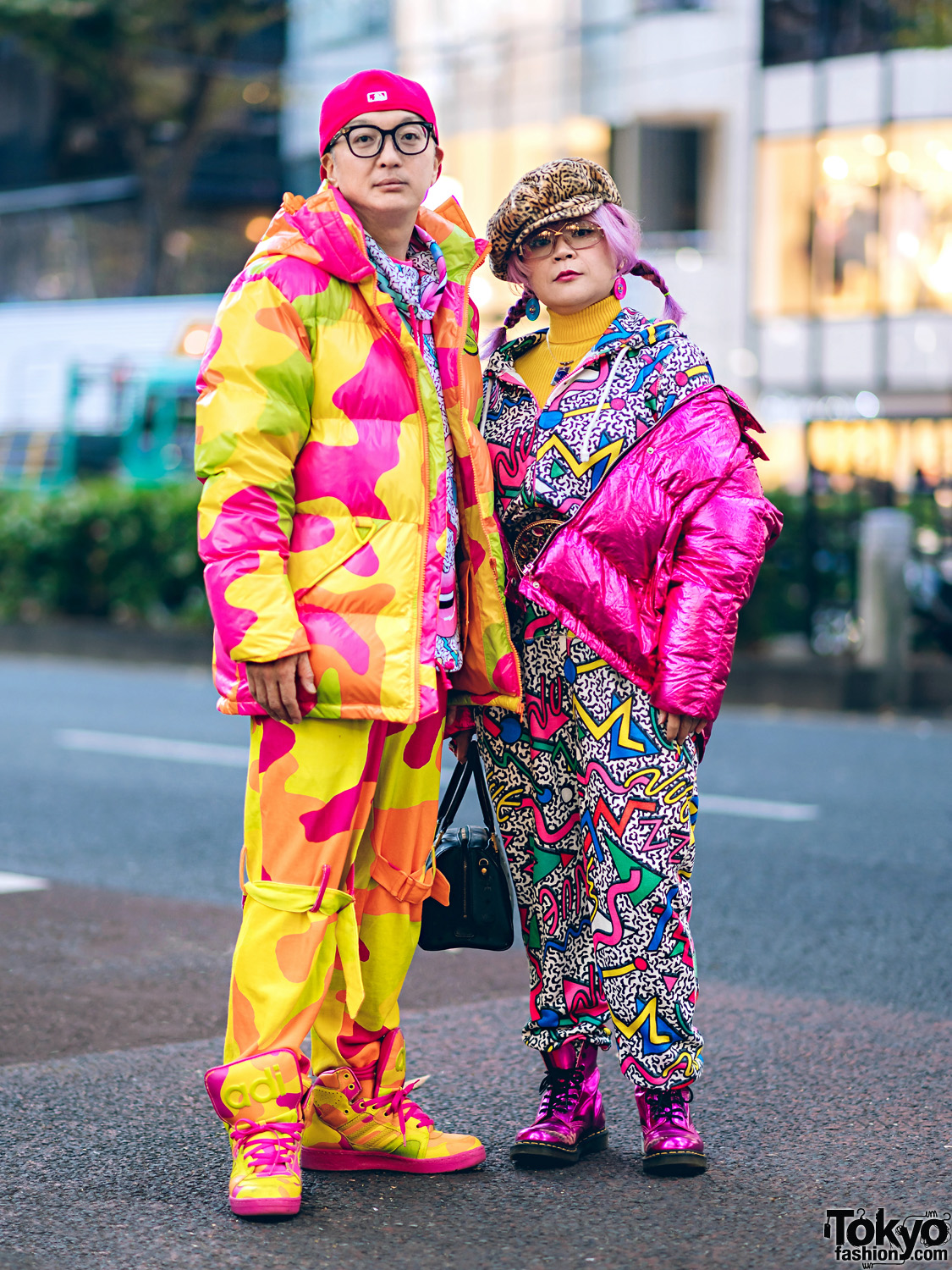 Harajuku Duo in Colorful Winter Street Styles w/ Adidas x Jeremy Scott Camouflage Print, Kobinai Puffer Jacket, Dr. Martens Metallic Boots, Galaxxxy Hoodie, Nuezzz Jumpsuit & MCM Bag
