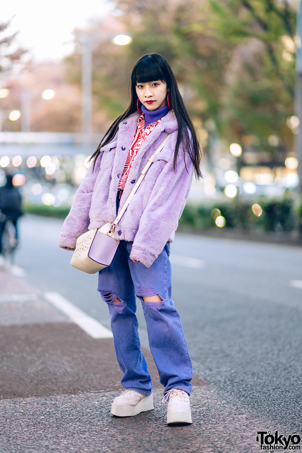 Harajuku Teen's Purple Street Style w/ Aymmy In The Batty Girls, Ripped Jeans, WEGO Platform Creepers & RRR Satchel Bag