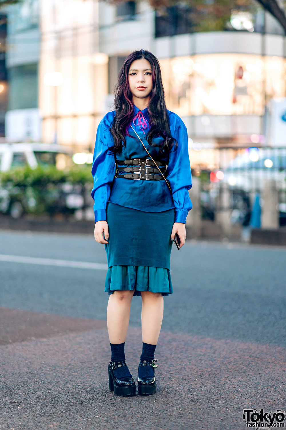 Chic Resale Streetwear in Harajuku w/ Camisole Over Satin Shirt, Corset Belt, Layered Skirts, Patent Heels & Gold Floral Sling