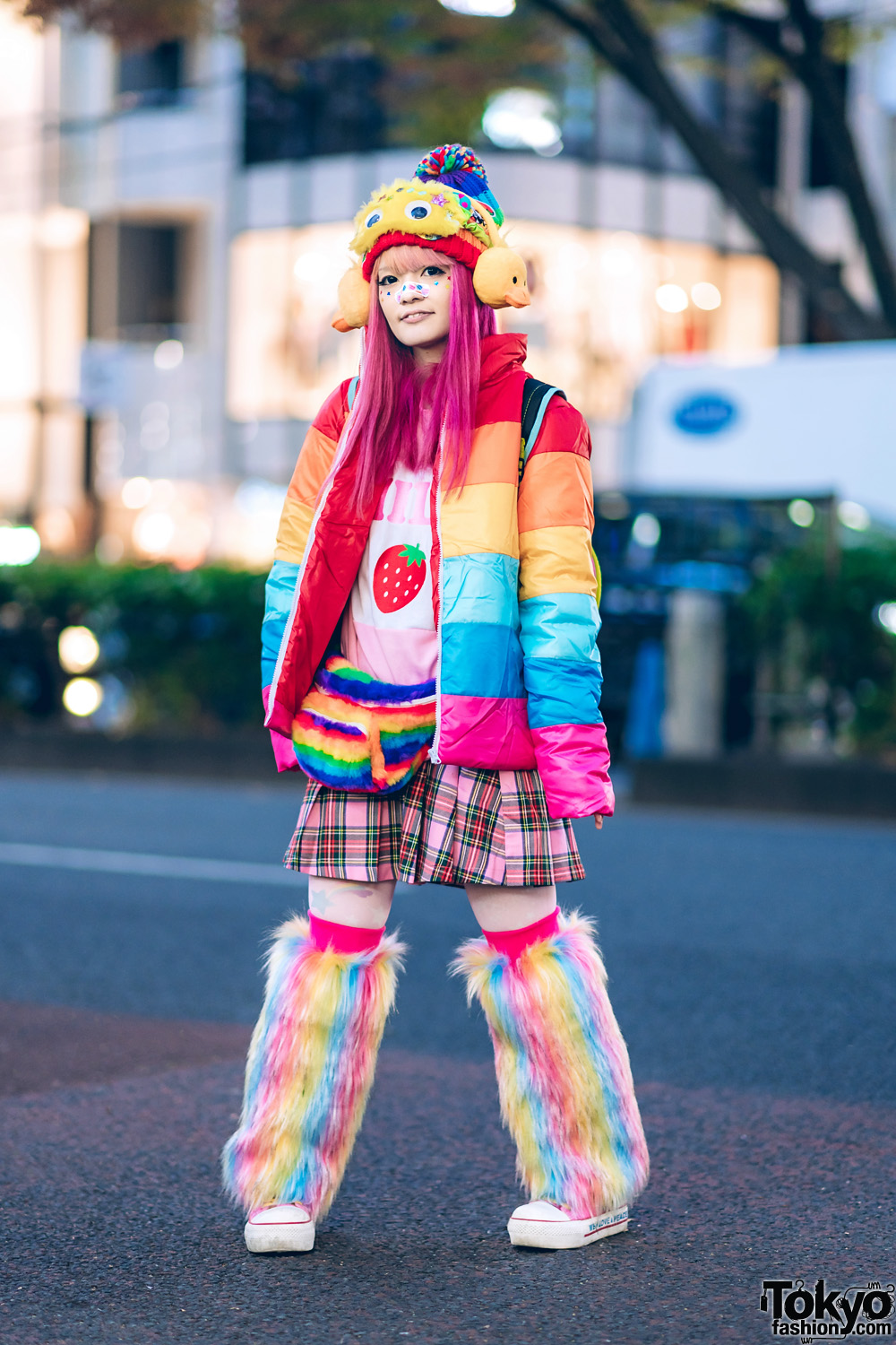 Harajuku Rainbow Kawaii Streetwear Style w/ Teenstyle Puffer Jacket, WC, Question Mark, TMNT Backpack, Fuzzy Waist Bag, 6%DokiDoki Duck Ear Muffs & Googly Eyes Mask