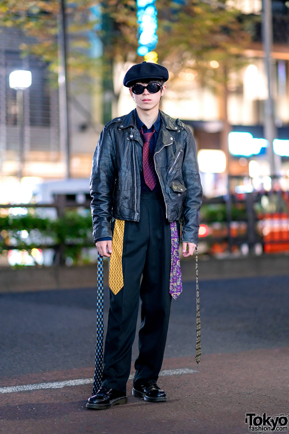 Harajuku Style w/ Vintage Motorcycle Jacket, Burberry, Dr. Martens, Chanel & Five Salvatore Ferragamo Neckties