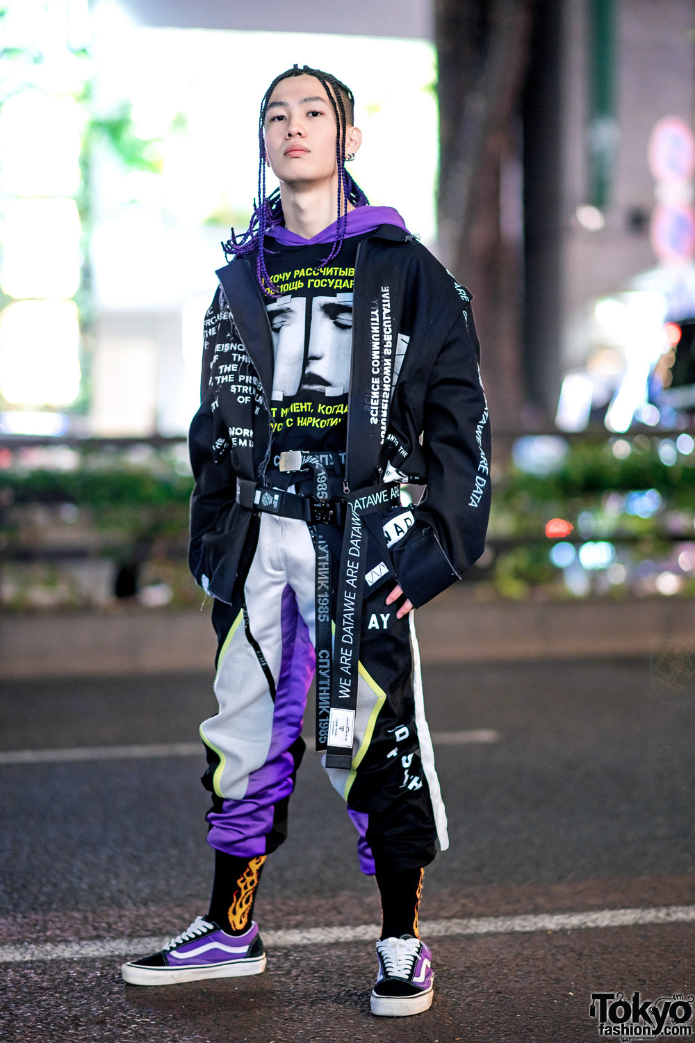 Bunker Tokyo Russian Streetwear Style w/ Purple Braids, Russian Writing Prints, Layered Belts, Flame Socks & Vans Sneakers