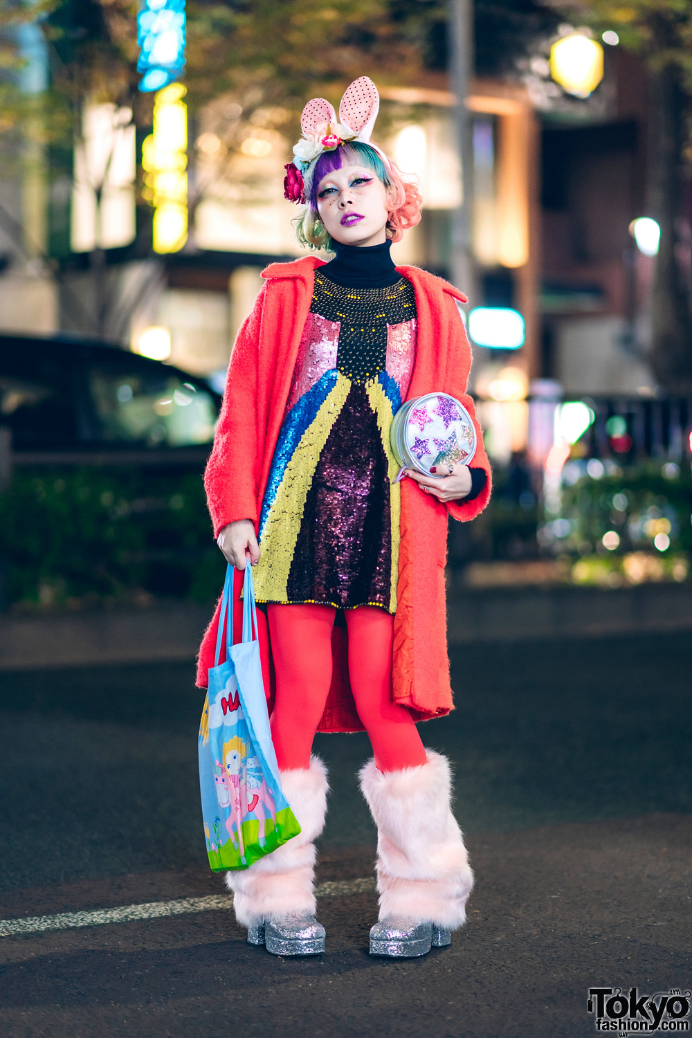 Kawaii Harajuku Street Style w/ Rainbow Bob, Rainbow Makeup, Bunny Ears, Sequin Dress, Fuzzy Leg Warmers & UNIF Glitter Shoes