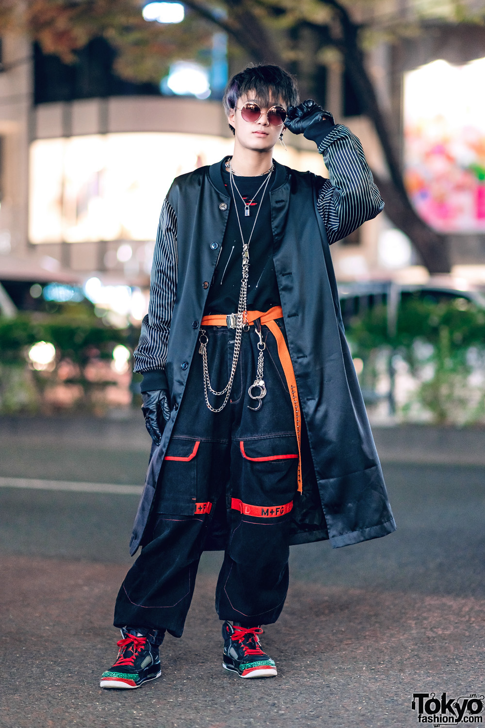 Harajuku Street Style w/ Satin Coat, Black Gloves, Marithe + Francois Girbaud Pants, Nike Sneakers & Silver Chains