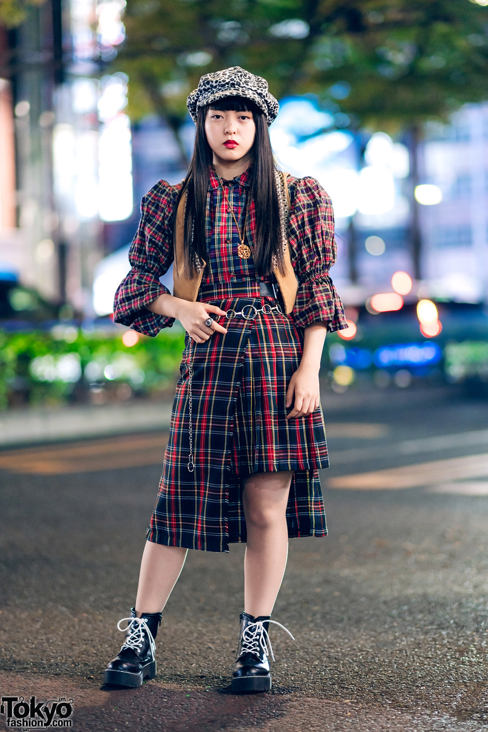 Harajuku Plaid Streetwear Style w/ Leopard Print Beret, RRR Vintage Vest, HEIHEI, Faith Tokyo & WEGO Boots