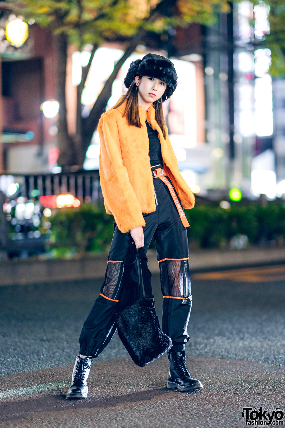 Orange & Black Japanese Streetwear w/ Faux Fur Jacket, Crop Top, Boohoo Pants, WEGO Fur Hat & Laugh WorldWide Belt