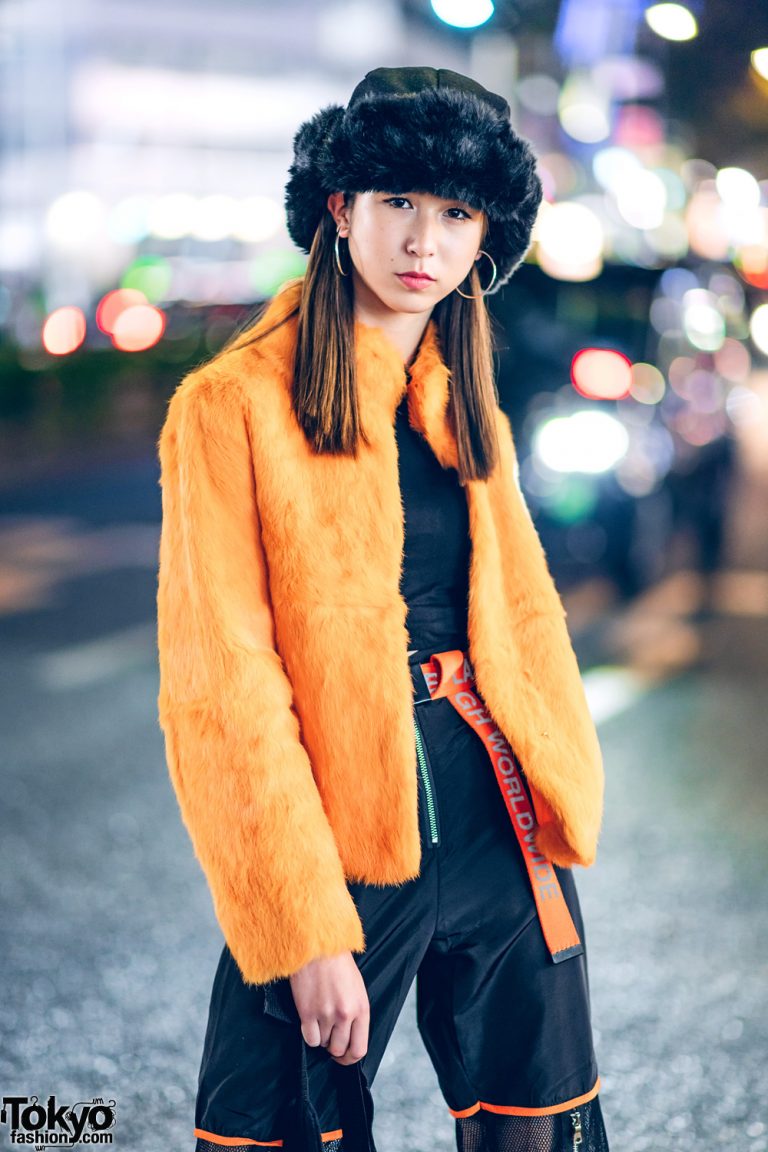 Orange & Black Japanese Streetwear w/ Faux Fur Jacket, Crop Top, Boohoo ...