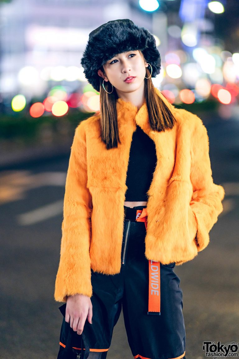 Orange & Black Japanese Streetwear w/ Faux Fur Jacket, Crop Top, Boohoo ...