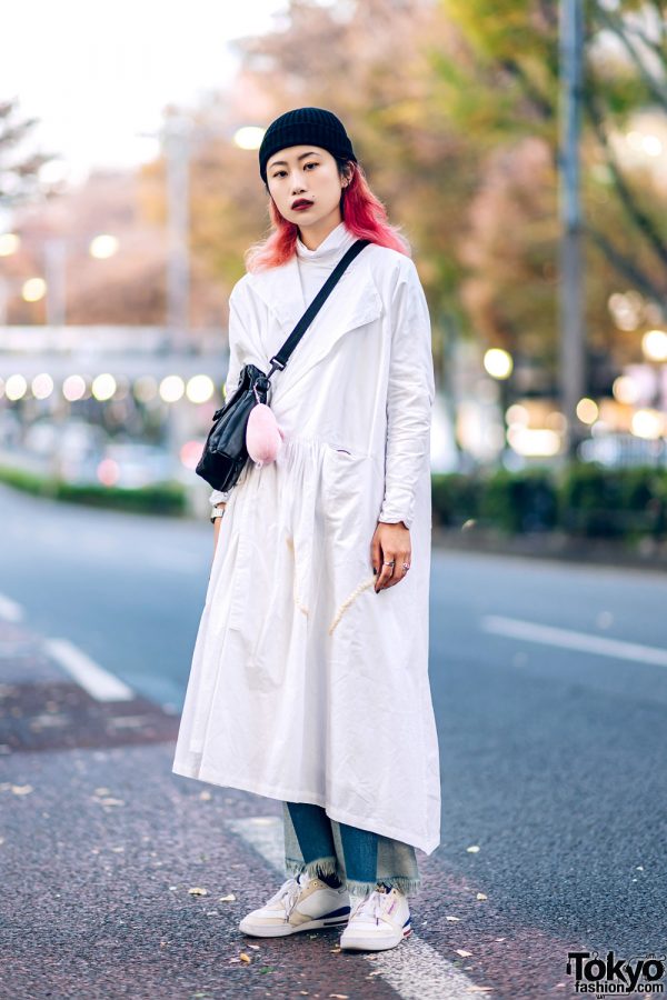 Minimalist Street Style in Harajuku w/ White Coat, MISBHV Patchwork Jeans, Neighborhood & Reebok Sneakers