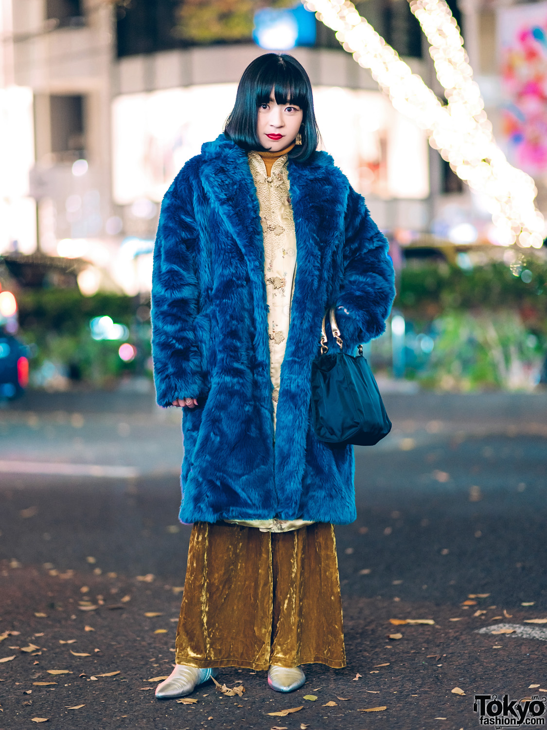 Winter Fashion w/ Jouetie Furry Coat, Mandarin Collar Dress, GU Crushed Velvet Pants, Prada & Pointy Boots