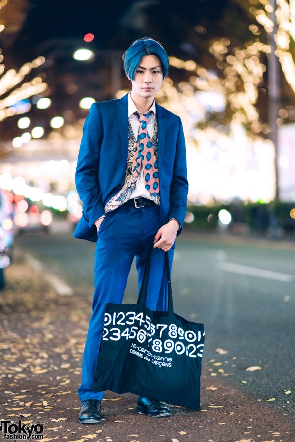 Tokyo Menswear Street Style w/ Blue Hair, Blue Suit, Comme des Garcons & Allen Edmonds Shoes