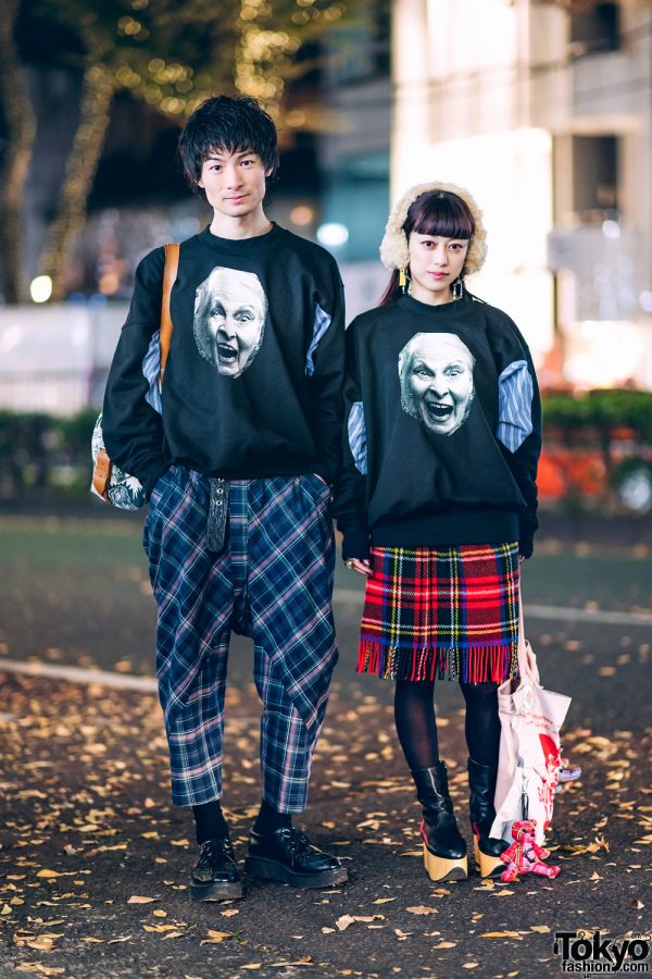 Vivienne Westwood Couple Street Styles w/ Face Sweaters, Plaid, Rocking Horse Shoes & George Cox Creepers