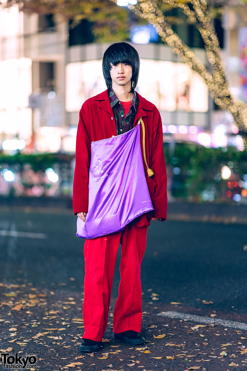 Red Corduroy Suit, Vans Sneakers & Onegaigoto Purple Bag in Harajuku