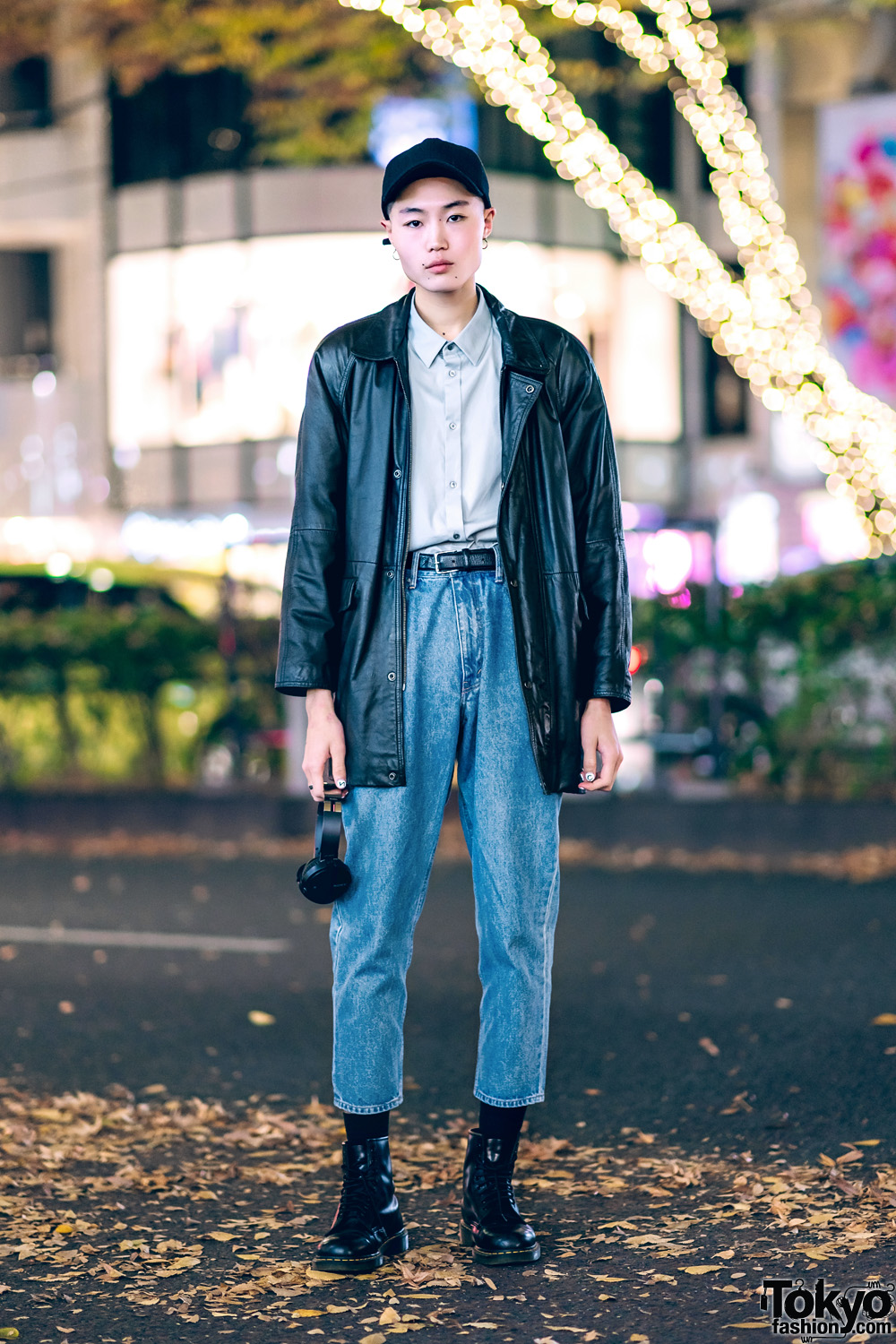 Japanese Male Model Street Style w/ Vintage Black Leather Jacket, Cropped Jeans & Dr. Martens Boots