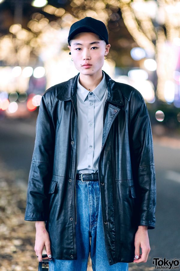 Japanese Male Model Street Style w/ Vintage Black Leather Jacket ...