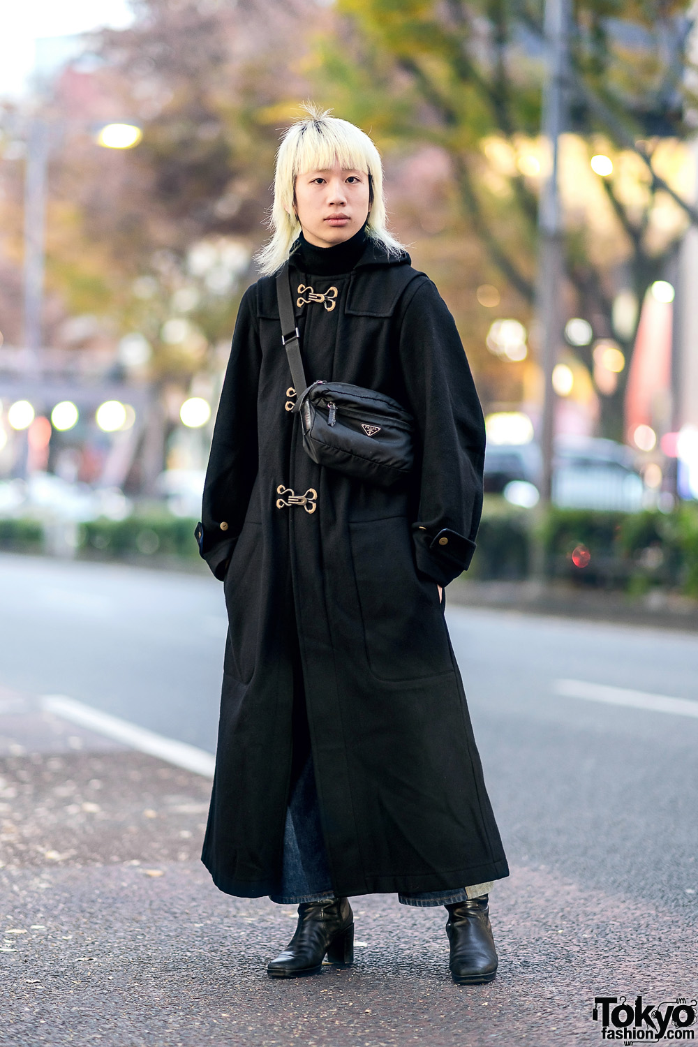 Tokyo Winter Street Style w/ Blonde Hair, Beauty:Beast Maxi Coat, Two-Tone Jeans, Heeled Boots & Prada Bag
