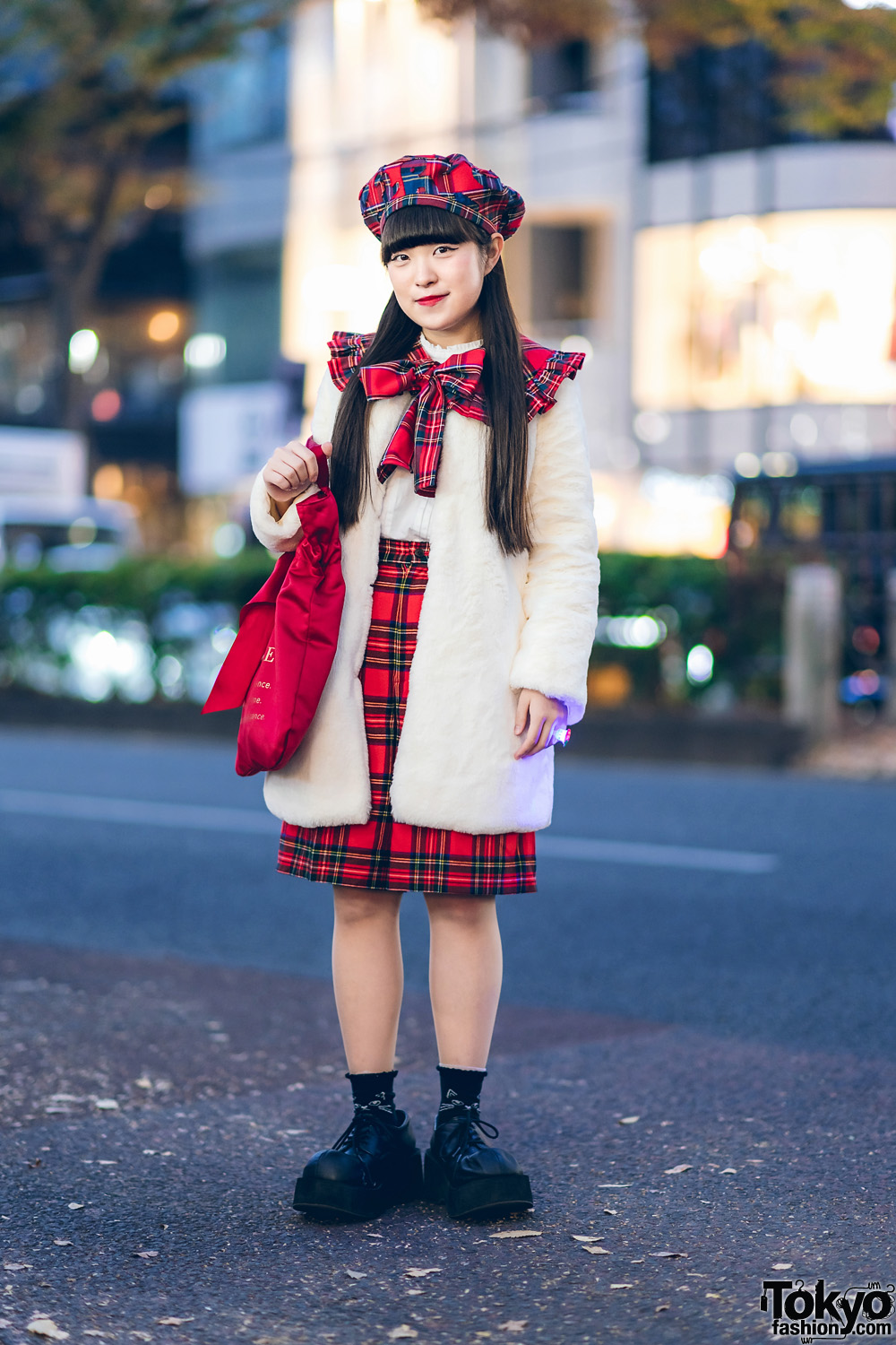 Harajuku Girl Street Style w/ Plaid HEIHEI Beret, Plaid Bow Collar, Plaid Skirt, Faux Fur Jacket & Maison De Fleur Bag