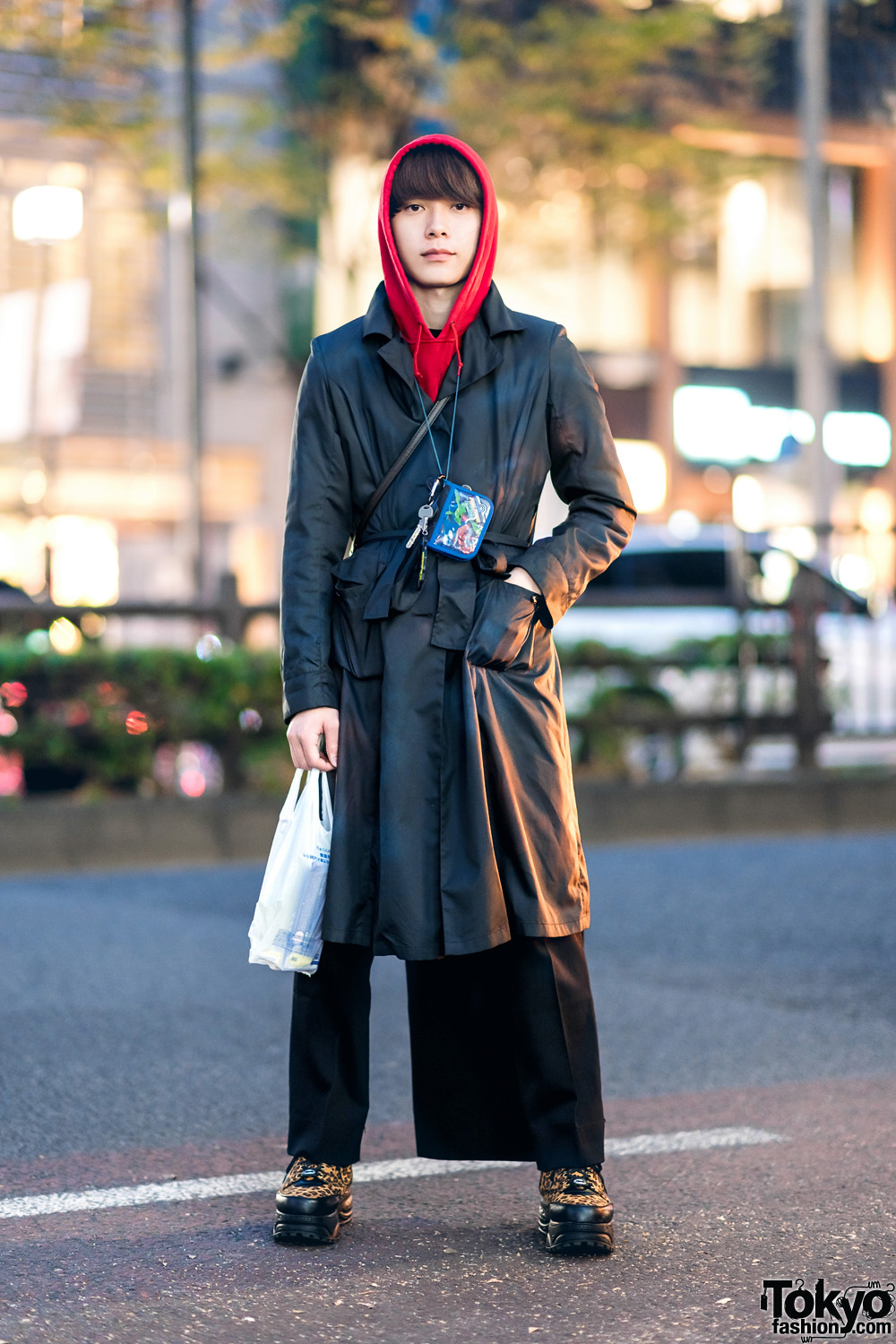 Harajuku Remake Street Style w/ Belted Coat, Red Hoodie, Back Skirt Panel, Pokemon Neck Wallet & Yosuke Leopard Print Shoes
