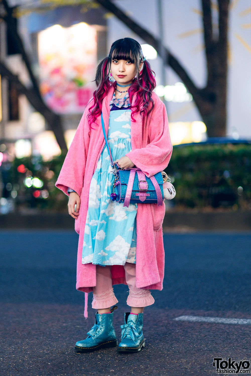 Harajuku Kawaii Street Style w/ Twin Tails, Yves Saint Laurent Robe, Cloud Print Dress, Teenstyle, Glem, Candy Stripper Bow Bag & Dr. Martens Glitter Boots