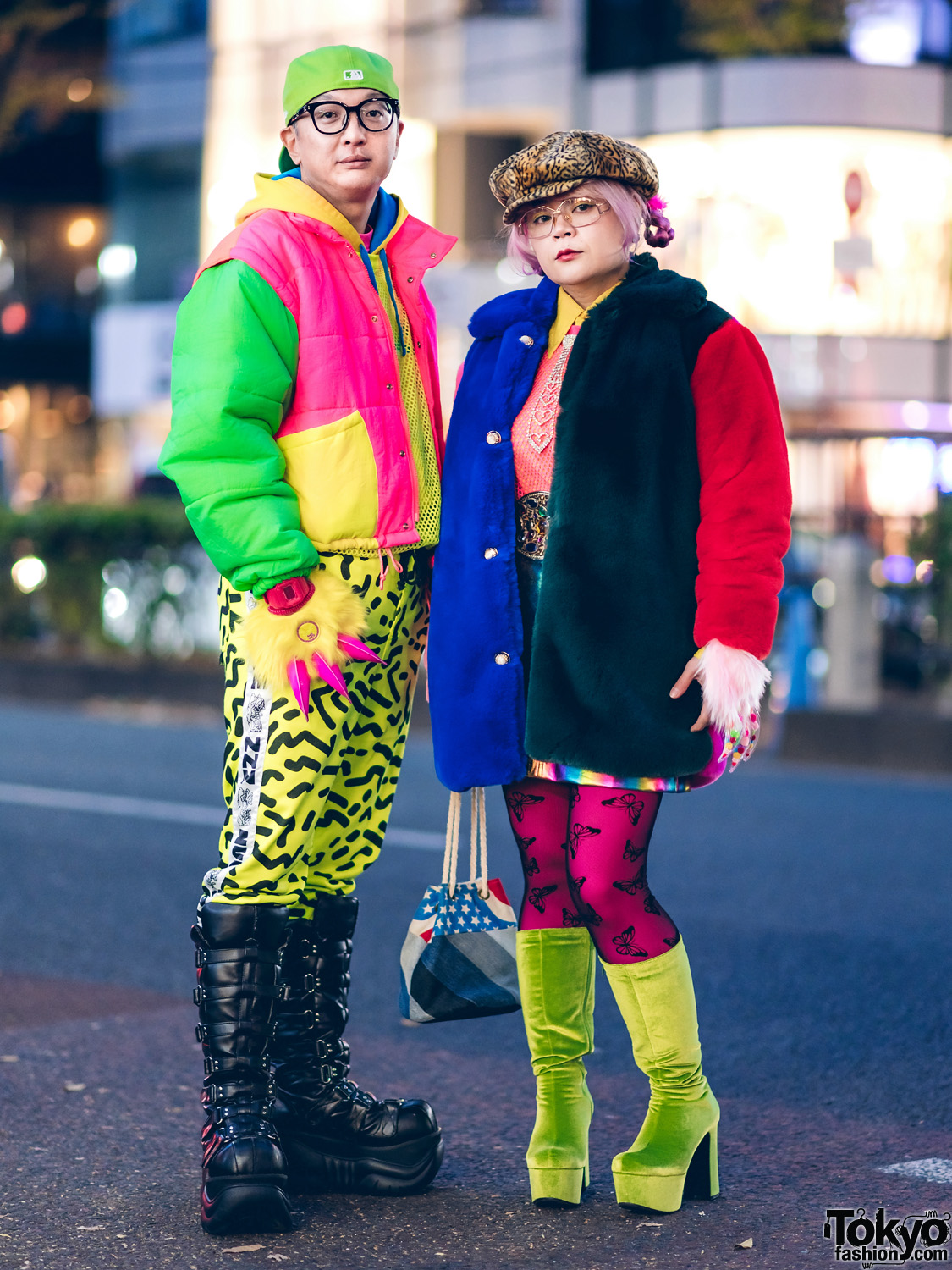 Colorful Japanese Duo Street Styles w/ Kinji Neon Jacket, Kobinai Furry Coat, Fila, Nuezzz, Office Kiko & Demonia Boots