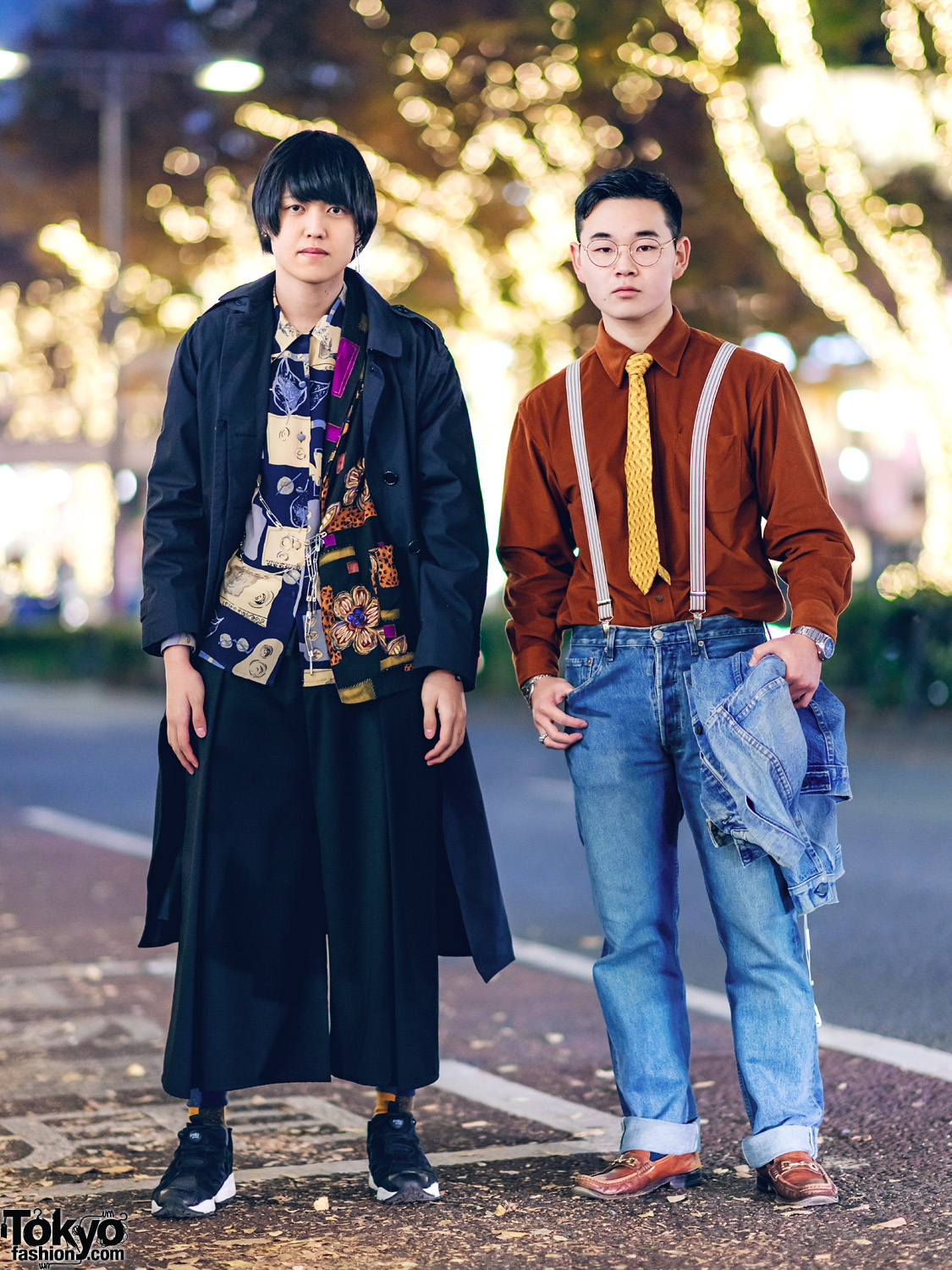 Tokyo Mens Layered Street Styles w/ Trench Coat, Wide Leg Pants, Denim Jacket, Suspenders, Leather Loafers & Reebok Insta Pump Sneakers