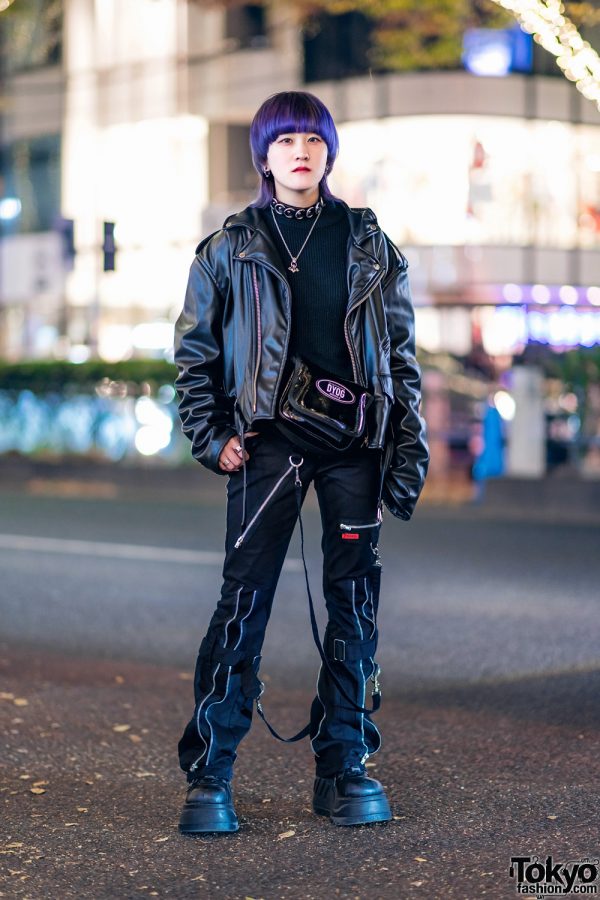 All Black Streetwear in Harajuku w/ Purple Hair, Never Mind the XU, Faith Tokyo Motorcycle Jacket, H&M, Tripp NYC Strap Pants, DYOG Waist Bag & Demonia Platforms