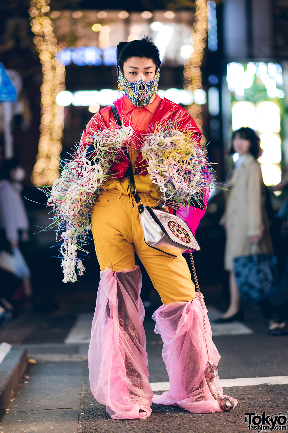 Japanese Handmade Avant-Garde Streetwear w/ Jeweled Mask, Vinyl Jacket Sleeves, Fuzzy Spiked Arm Warmers, Corduroy Pants, Fabric Wrapped Knee Boots & Prega Telephone Bag