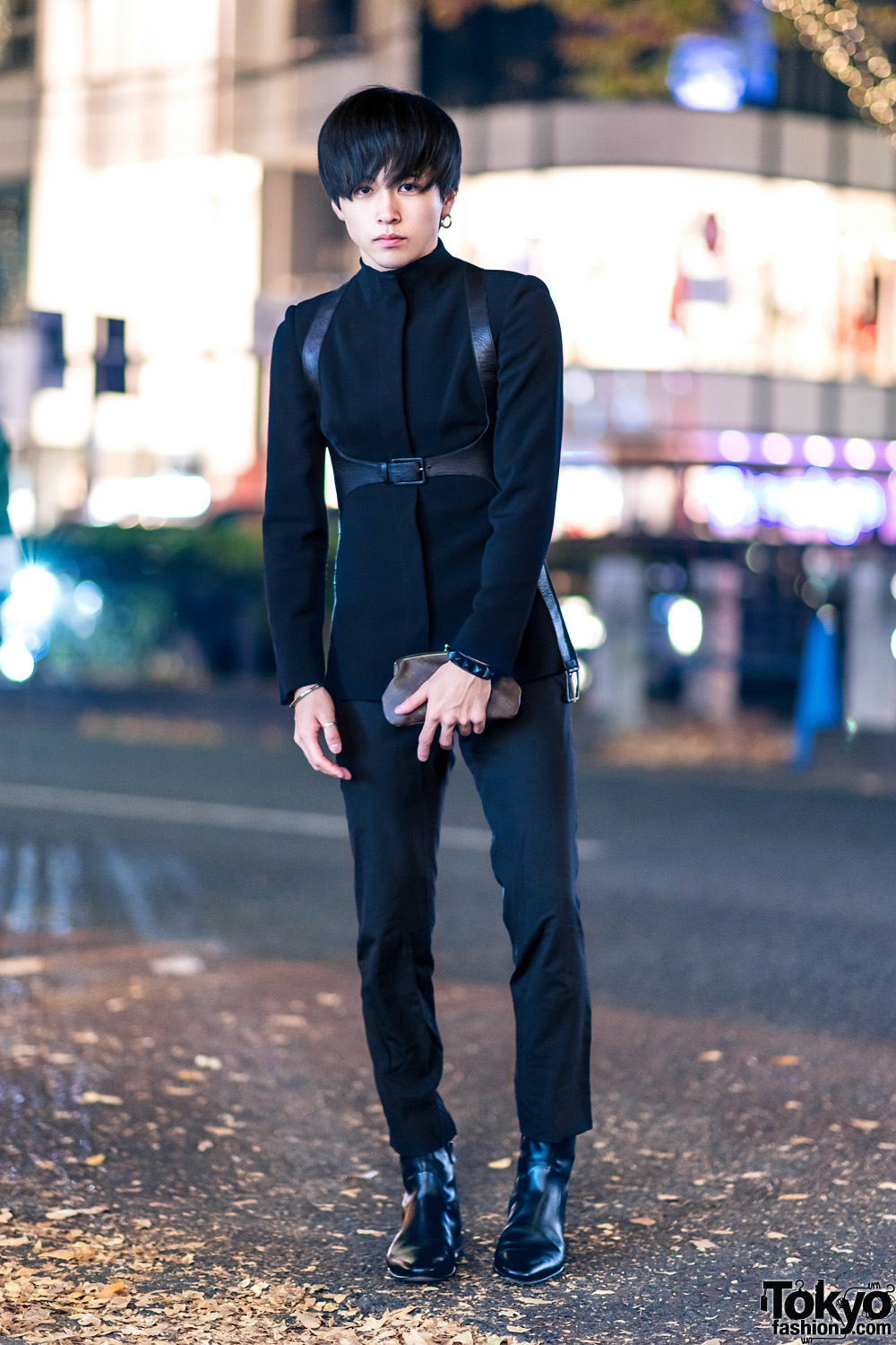 Japanese Actor Tsukasa in Harajuku w/ Alexander McQueen Harness Blazer, Julius, Gucci Pointy Boots, Christian Dada, Commuse & Louis Vuitton Clutch