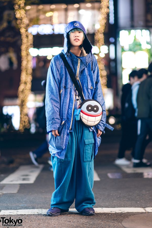 All Blue Harajuku Streetwear w/ Blue Hair, W&LT Puk-Puk Face Bag, Vintage Jacket, King Size Pants & Reebok Sneakers
