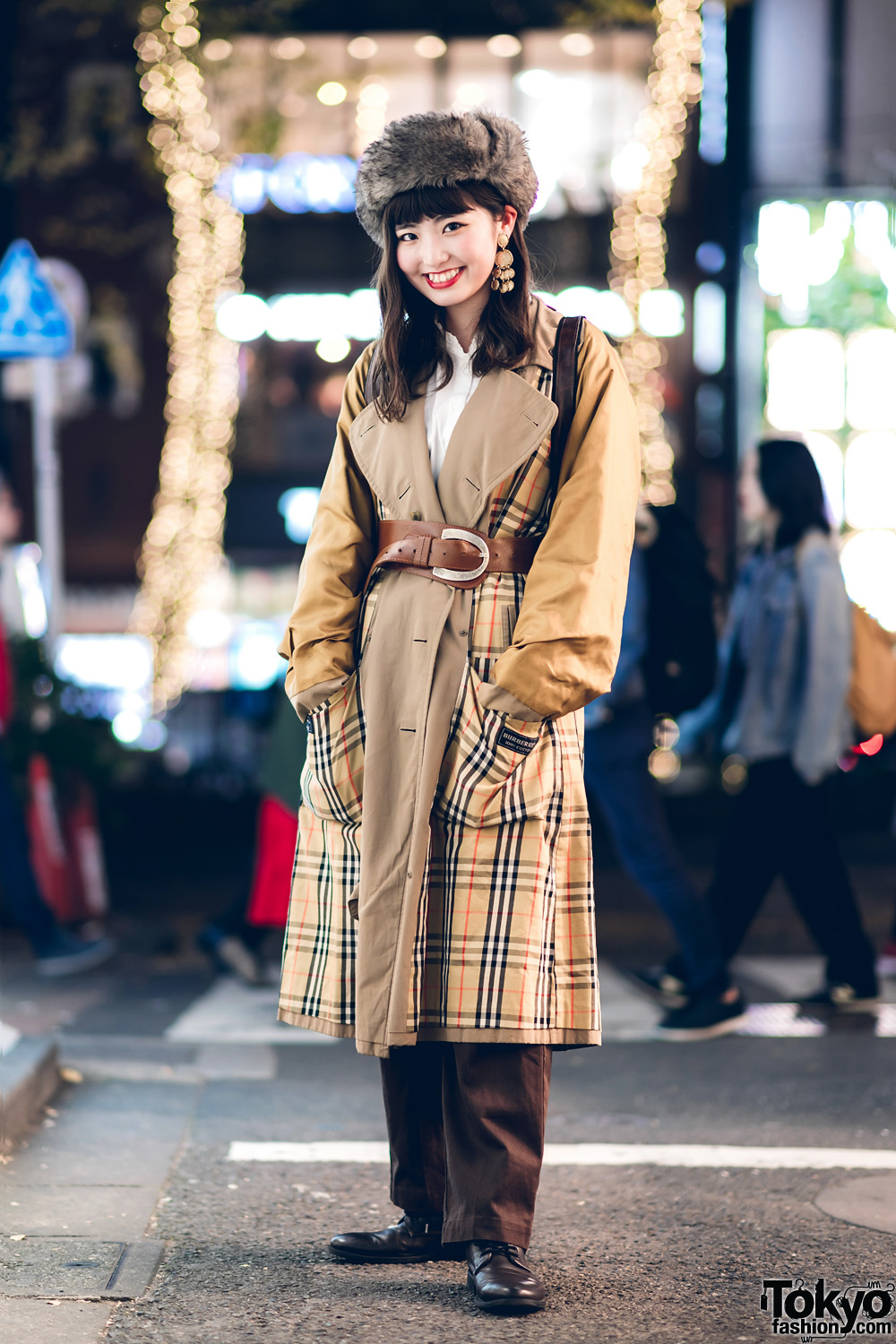 Harajuku Girl in Retro Style w/ Furry Hat, RRR Vintage Burberry Plaid Coat, Leather Backpack, MICMO & Shimokita Market