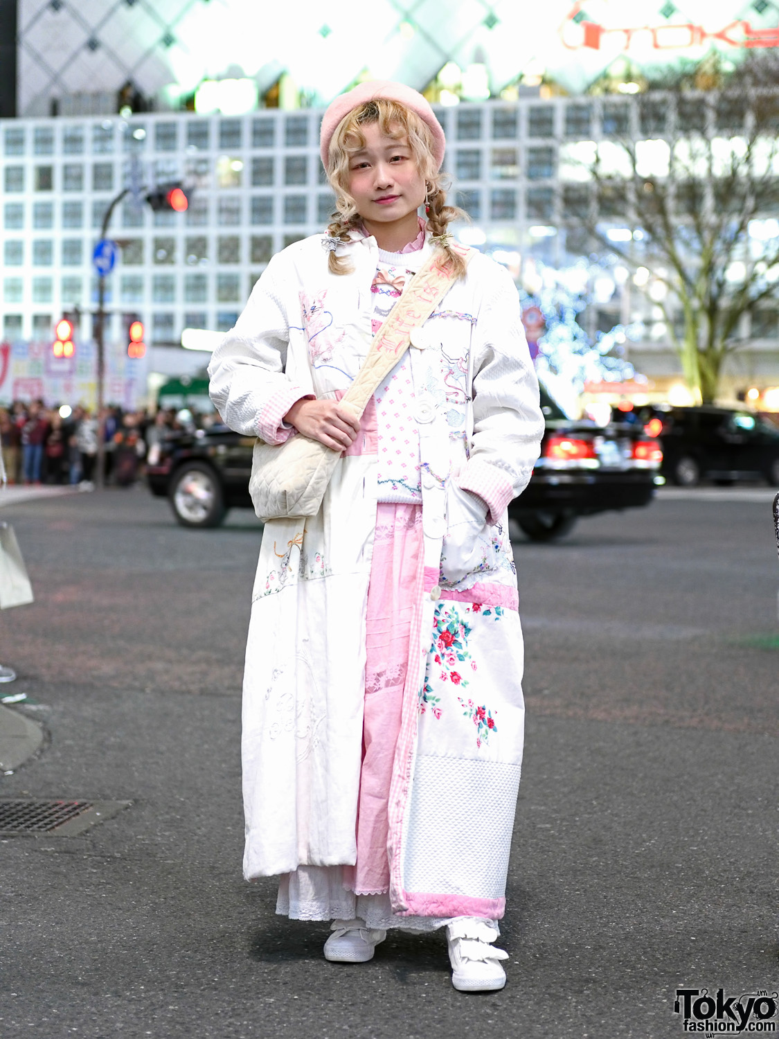 Vintage Pastel Street Style in Shibuya w/ Long Quilted Coat, Knit Sweater, Ruffle Dress, Velcro Sneakers & Sling Bag