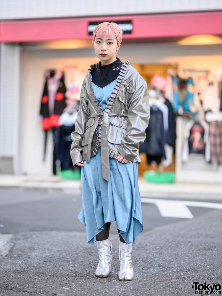 Harajuku Girl w/ Pink Hair in Vintage Silver Pleated Jacket From Shury ...