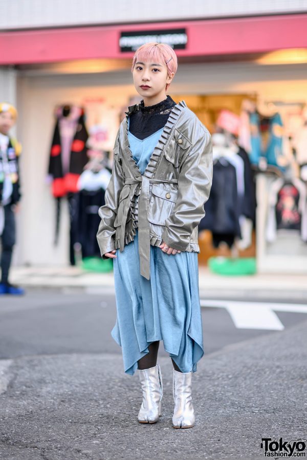 Harajuku Girl w/ Pink Hair in Vintage Silver Pleated Jacket From Shury Tokyo & Silver Maison Margiela Tabi Boots