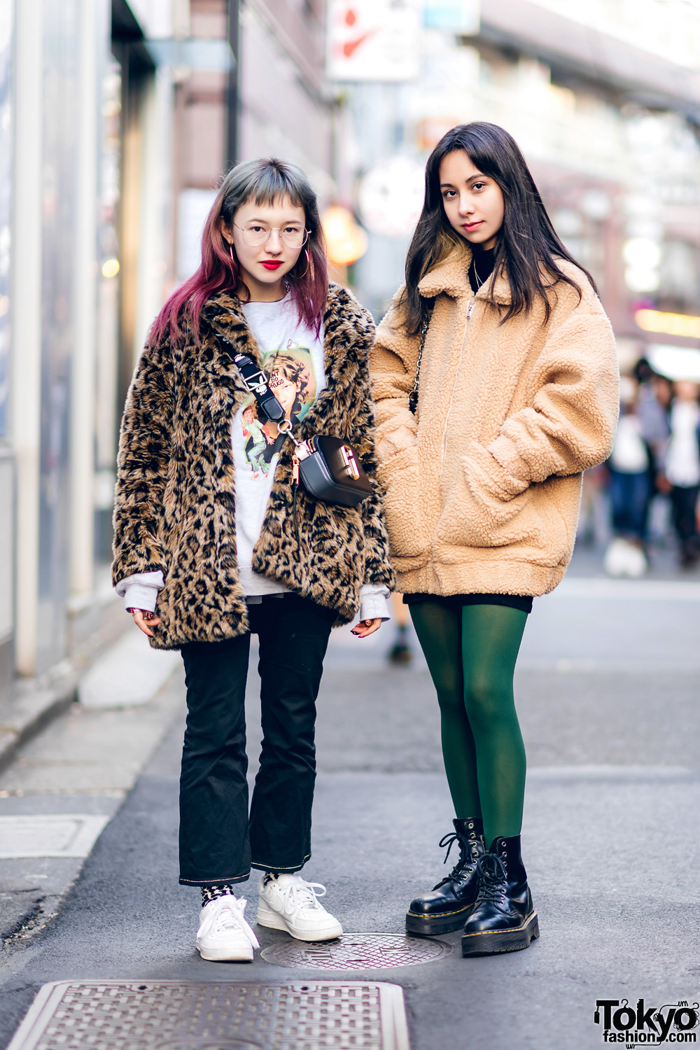 Harajuku Girls on the Street w/ H&M Leopard Coat, IAmGia Shearling Jacket, Fucking Awesome Sweater, Marc Jacobs, Brandy Melville, Nike & Dr. Martens