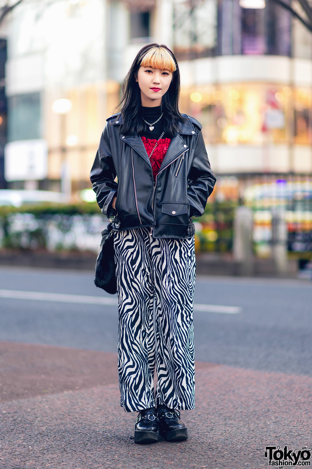 Tokyo Streetwear Style w/ Two-Tone Hair, Mixxmix Motorcycle Jacket, Beep Zebra Pants, Bubbles, ME Harajuku, Spinns & Pameo Pose