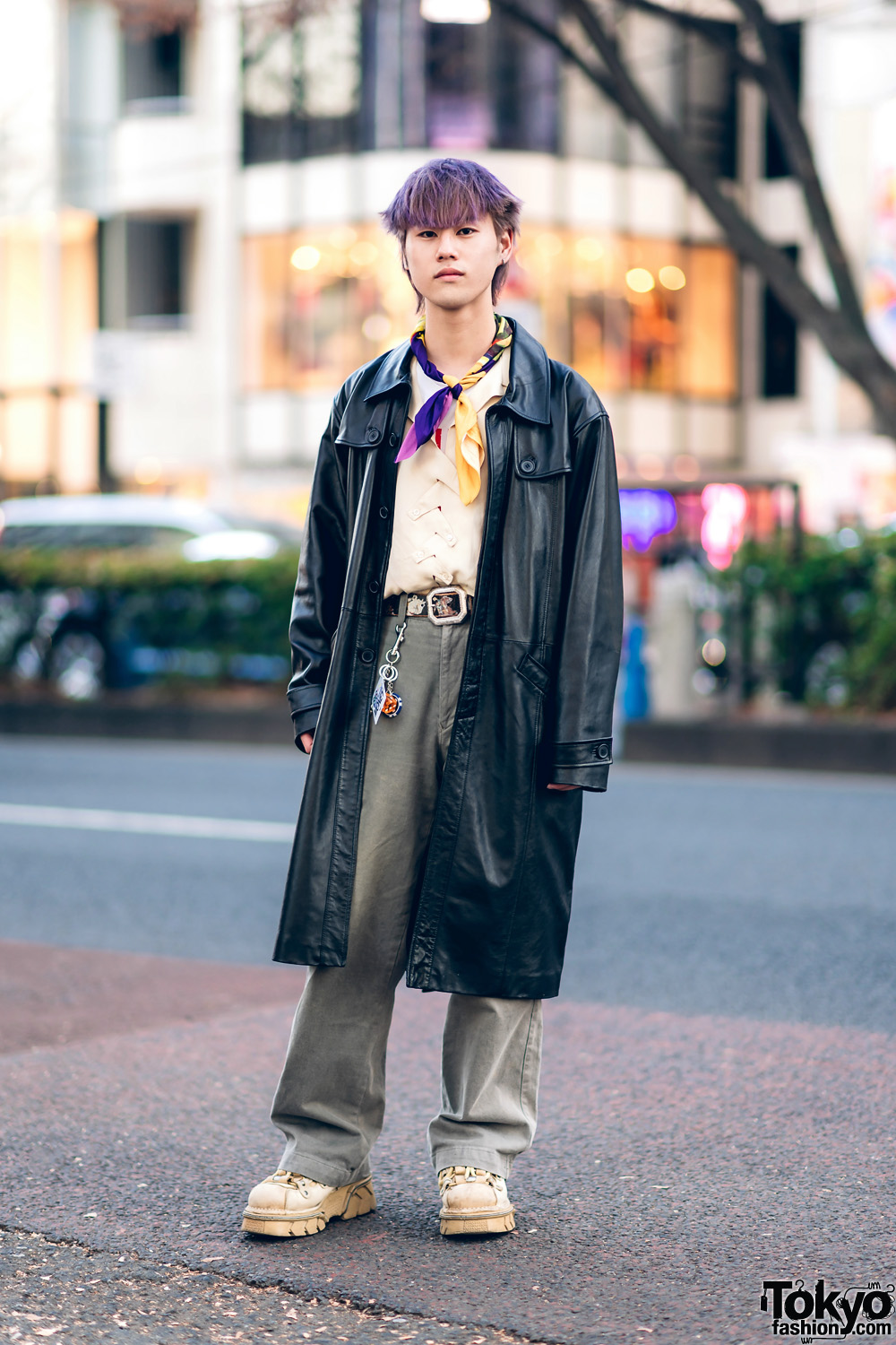 Harajuku Street Style w/ Purple Hair, Vaquera Neckerchief, Leather Trench Coat, Vejas Braided Shirt & New Rock Shoes