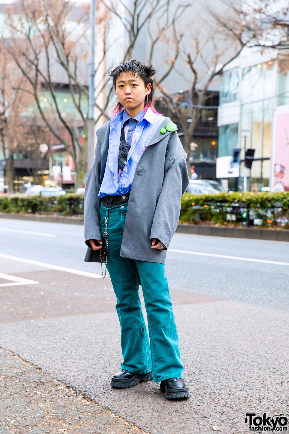Harajuku Street Style w/ Pink-Tipped Hair, Layered Remake Shirts, Layered Denim Pants, Studded Waist Bag, Eytys, Never Mind the XU & BlackMeans Knuckle Duster