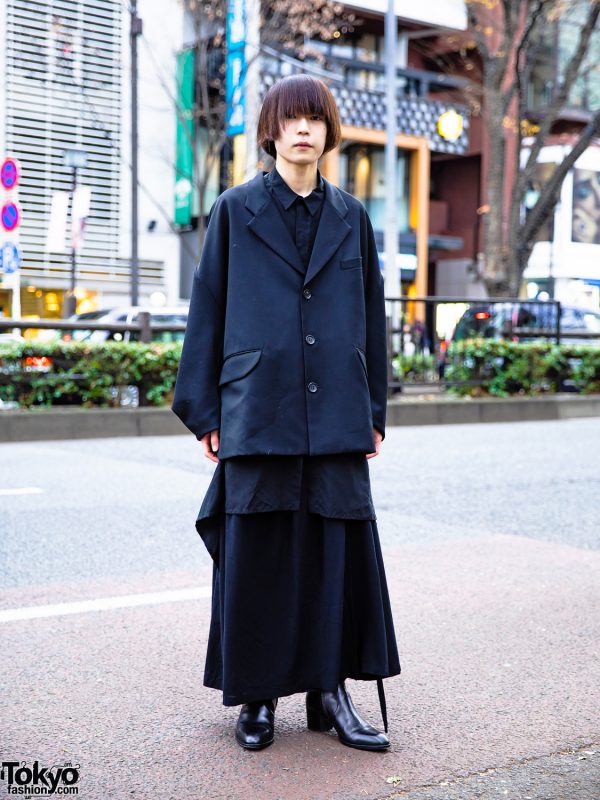 All Black Minimalist Menswear Style w/ Christopher Nemeth Cocoon Coat, Keta Gutmane Long Shirt, Yohji Yamamoto Skirt & Saint Laurent Boots