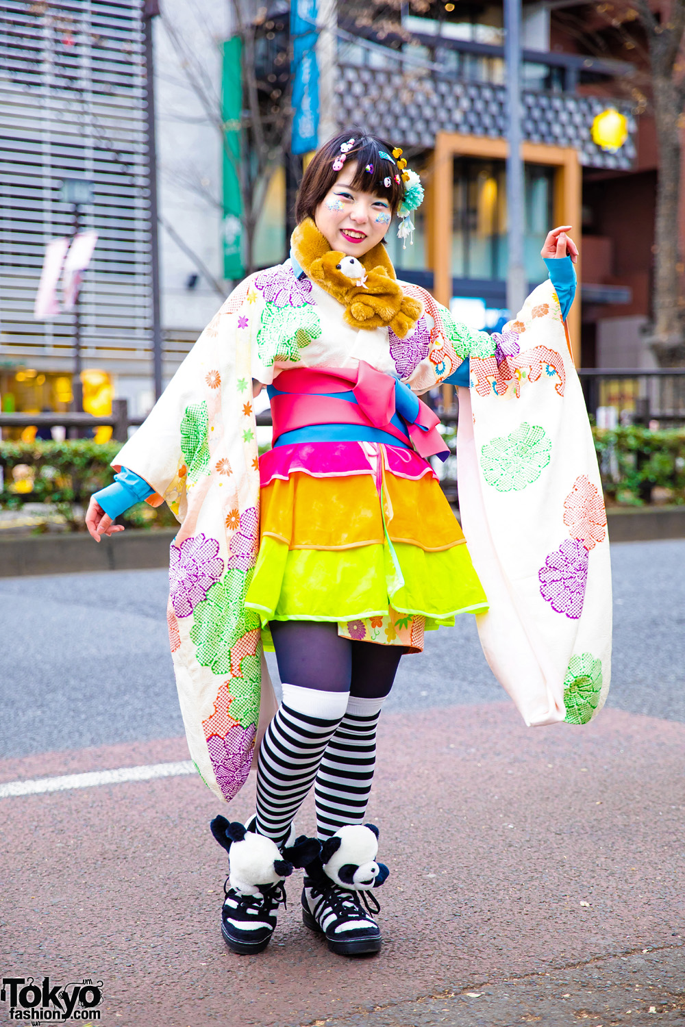 Harajuku Kawaii Kimono Street Style w/ Floral Kimono, Handmade Rainbow Skirt, Adidas Panda Bear Sneakers, Decora Hair Clips, Glitter Makeup & Bear Muffler