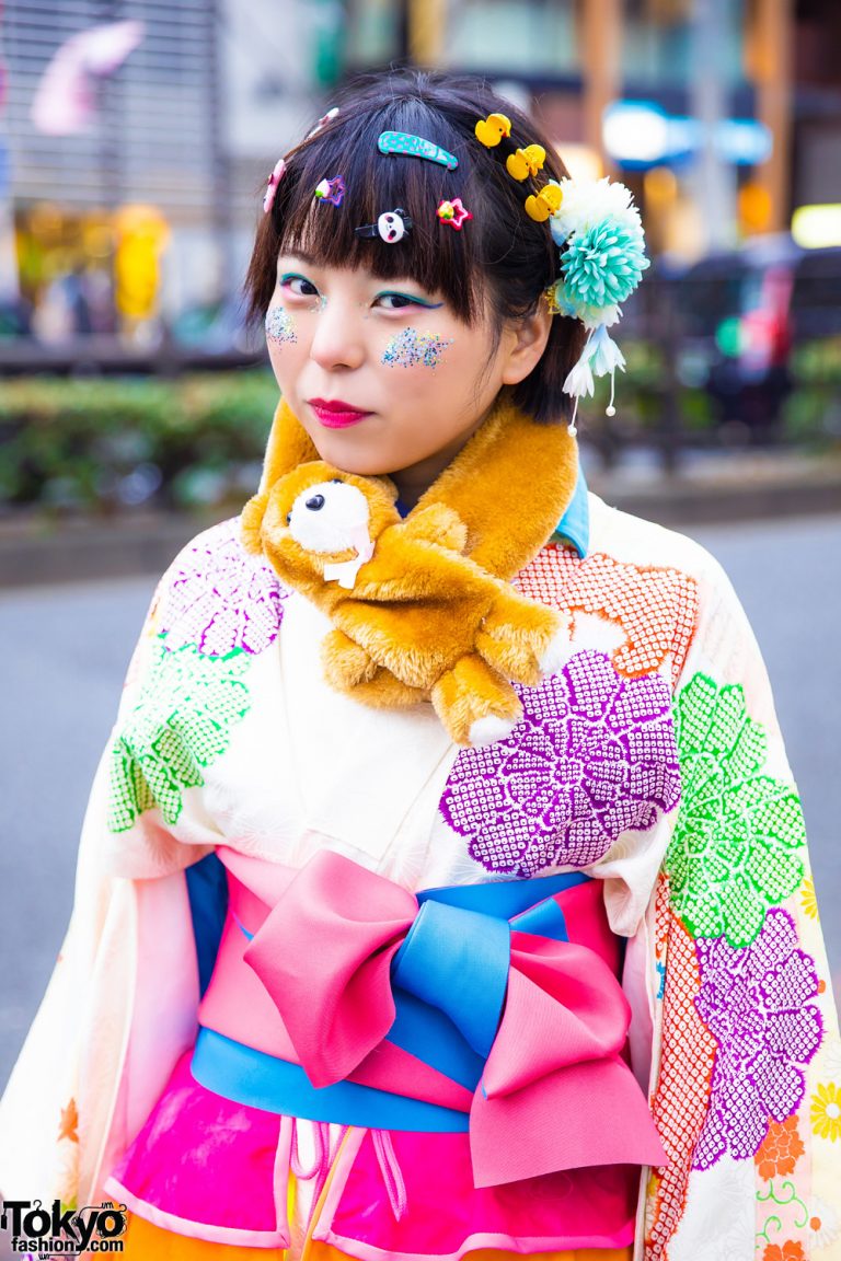 Harajuku Kawaii Kimono Street Style w/ Floral Kimono, Handmade Rainbow ...