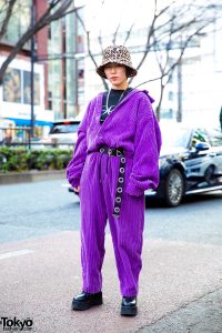 Purple Corduroy Jumpsuit & Leopard Print Hat Harajuku Street Style ...