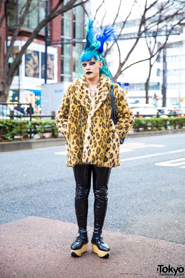 Japanese Fashion Buyer’s Street Style w/ Tall Blue Hair, Furry Leopard Coat, Patent Leather Side Zip Pants, Rocking Horse Shoes & Black Makeup