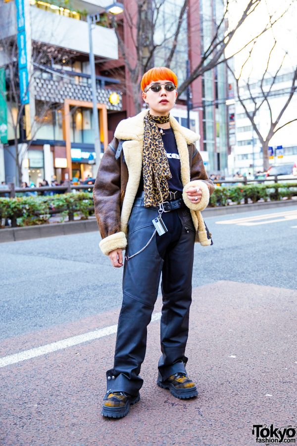 Harajuku Vintage Street Style w/ Orange Hair, Leopard Print Scarf, Banny Store, Harley Davidson, Eytys, Shury & Y/Project