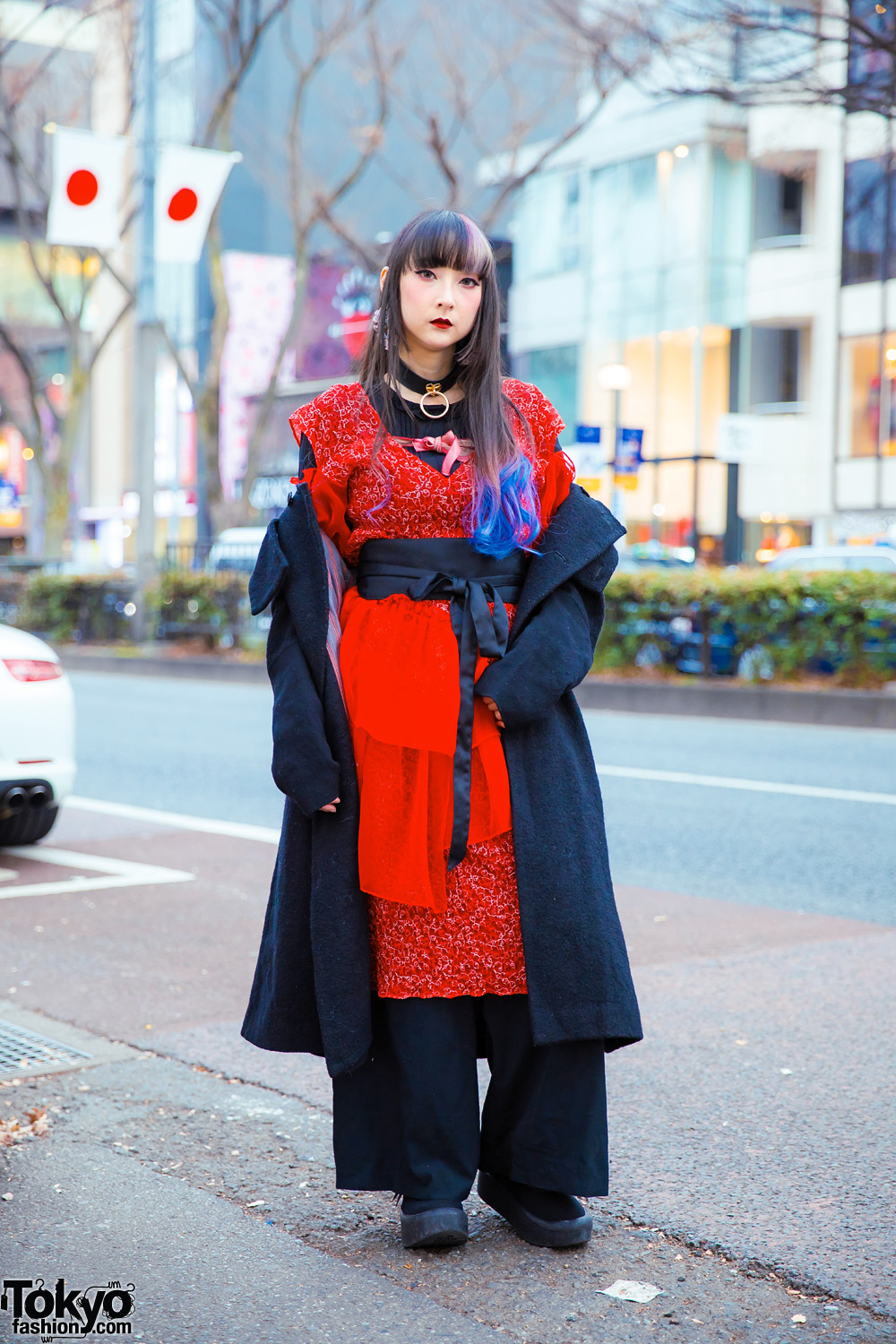 YouTuber RinRin Doll in Harajuku w/ Hisui Hooded Coat, Siiilon Lace Dress, Obi Belt, Anna Sui Wide Pants, Jubilee Heart Earrings, Devilish & Tokyo Bopper Bow Shoes