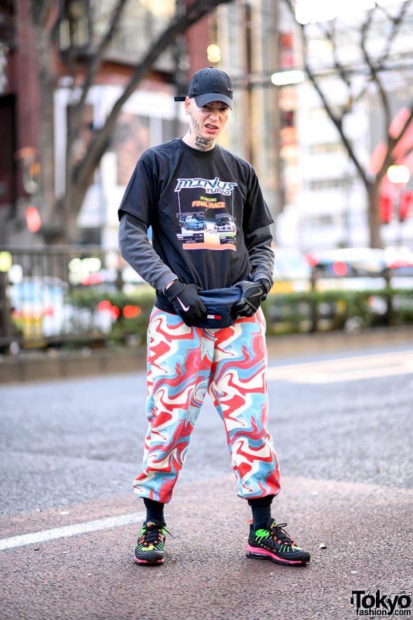 French Fashion Model in Harajuku w/ Face Tattoos, Color Camo, Tommy Waist Bag & Nike Air Max 98 “Highlighter” Sneakers