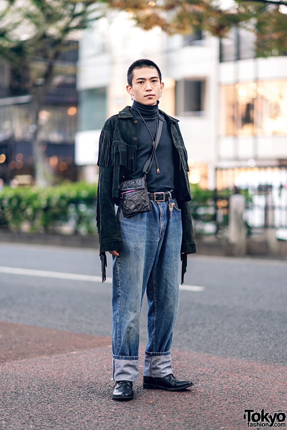 Casual Streetwear Style in Harajuku w/ Fringe Jacket, Ralph Lauren Cuffed Jeans, Zara Crossbody Bag & Hare Lariat Necklace
