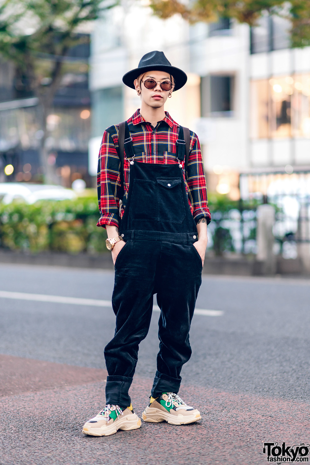 Harajuku Street Style w/ Black Hat, Corduroy Overalls, Plaid Shirt, Balenciaga Triple S Sneakers & Gucci Backpack