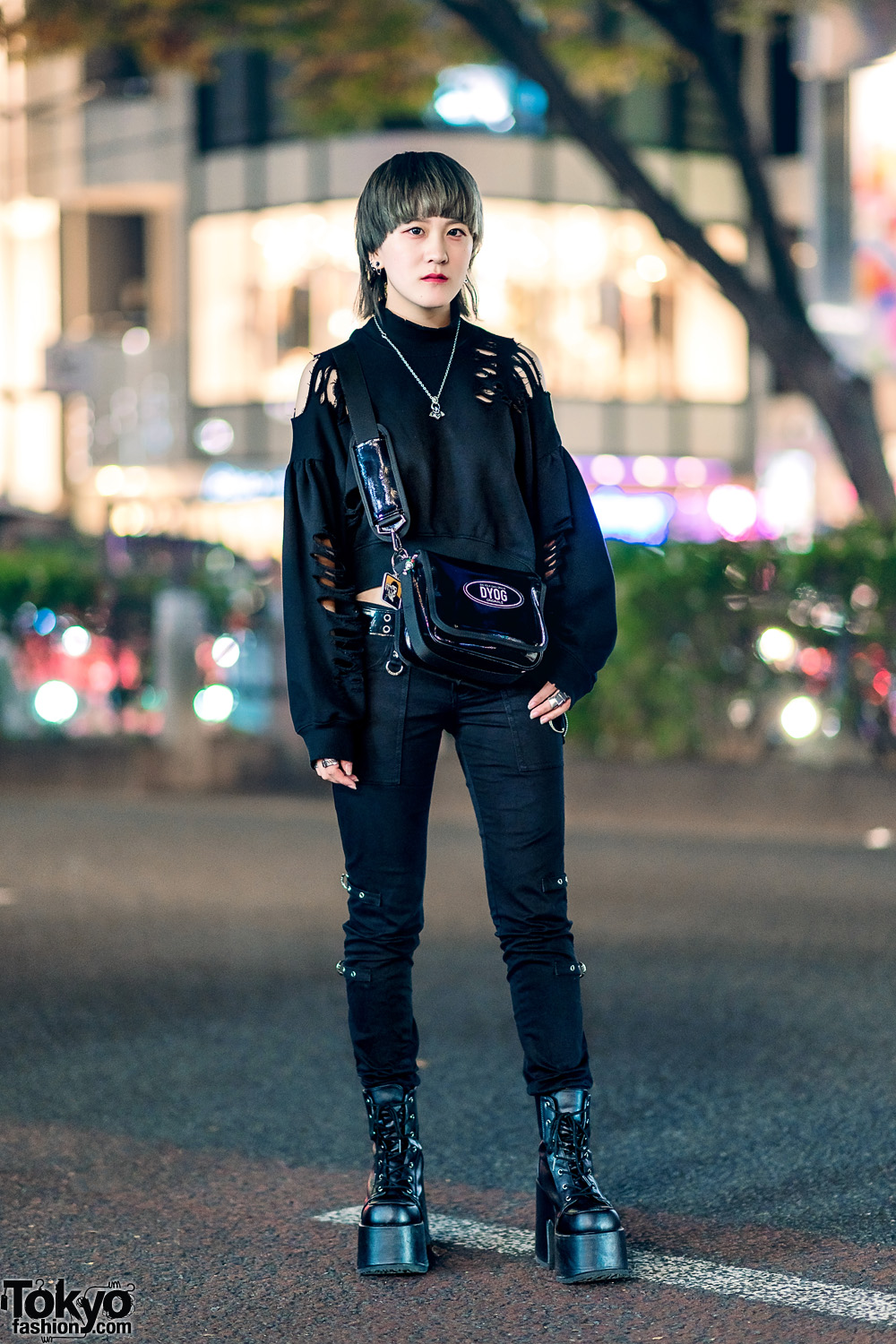 All Black Tokyo Street Style w/ One Spo Cutout Sweater, Tripp NYC, DYOG, Nadia, Never Mind the XU, Vivienne Westwood & Demonia Platform Boots