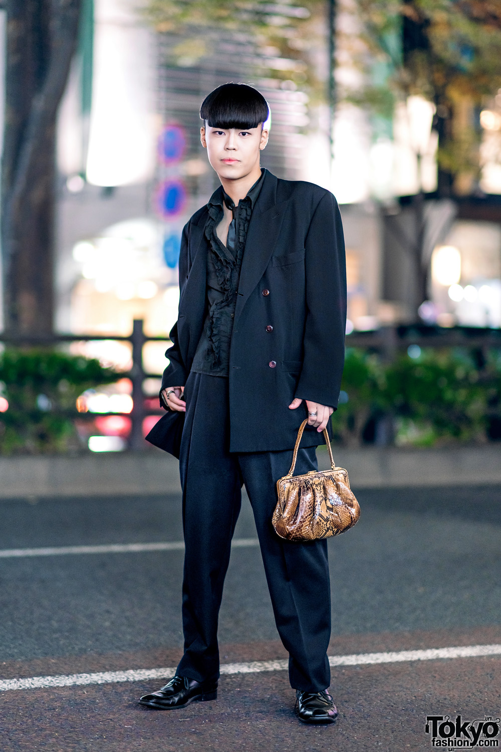 All Black Harajuku Menswear Style w/ Jean Paul Gaultier Suit Jacket, Ruffle Shirt, Silk Tie & Snakeskin Purse